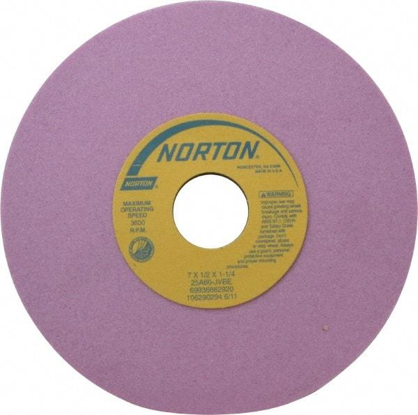 Norton - 7" Diam x 1-1/4" Hole x 1/2" Thick, J Hardness, 60 Grit Surface Grinding Wheel - Aluminum Oxide, Type 1, Medium Grade, 3,600 Max RPM, Vitrified Bond, No Recess - Benchmark Tooling