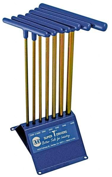 Made in USA - 7 Piece T-Handle Hex Key Set - Hex Range 2 to 8mm, 13" OAL, Chromalloy Steel - Benchmark Tooling