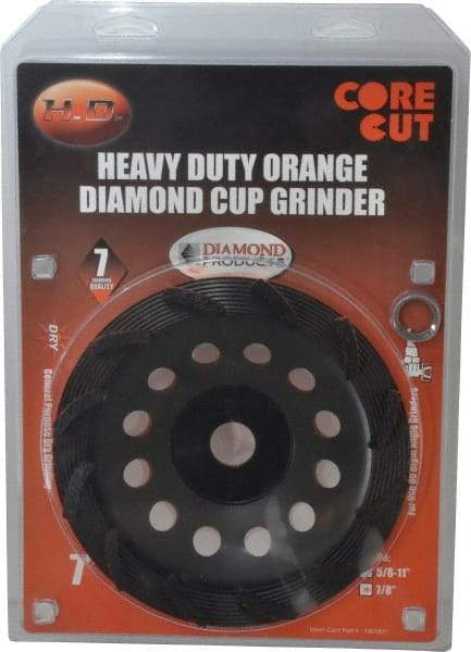 Core Cut - 7" Diam, 7/8" Hole Size, 3/16" Overall Thickness, Spiral Cup Tool & Cutter Grinding Wheel - Diamond, 8,725 RPM - Benchmark Tooling