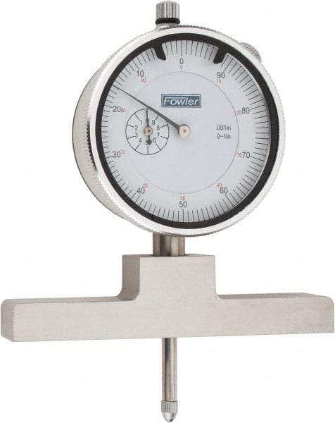 Fowler - 0 to 22 Inch Range, Steel, White Dial Depth Gage - 0.001 Inch Graduation, 0.001 Inch Accuracy, 1 Inch Travel, 4 Inch Base Measuring Length - Benchmark Tooling