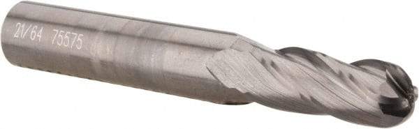 OSG - 21/64" Diam, 7/8" LOC, 4 Flute Solid Carbide Ball End Mill - Uncoated, Single End, 2-1/2" OAL, 3/8" Shank Diam, Spiral Flute - Benchmark Tooling