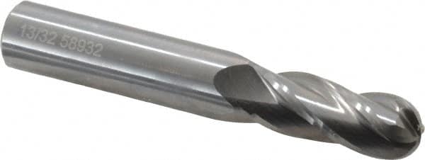 OSG - 13/32" Diam, 1" LOC, 4 Flute Solid Carbide Ball End Mill - Uncoated, Single End, 2-3/4" OAL, 7/16" Shank Diam, Spiral Flute - Benchmark Tooling