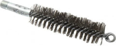 Schaefer Brush - 4-1/2" Brush Length, 1-1/4" Diam, Double Stem, Double Spiral Tube Brush - 7-1/4" Long, Stainless Steel, 1/4" NPSM Male Connection - Benchmark Tooling