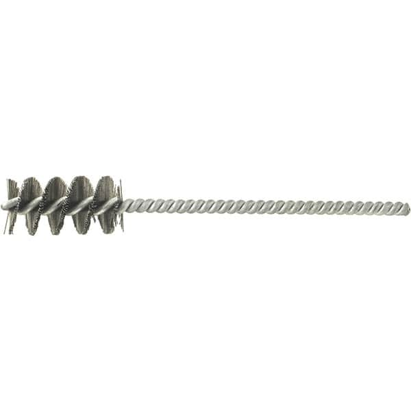 Brush Research Mfg. - 11/16" Diam Helical Stainless Steel Tube Brush - Single Spiral, 0.008" Filament Diam, 1-1/2" Brush Length, 5" OAL, 0.22" Diam Galvanized Steel Shank - Benchmark Tooling