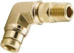 Parker - 1/4" Outside Diam, 3/8 NPTF, Brass Push-to-Connect Tube Male Swivel Elbow - 250 Max psi, Tube to Male NPT Connection, Buna-N O-Ring - Benchmark Tooling
