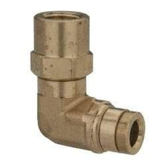 Parker - 1/4" Outside Diam, 1/8 NPTF, Brass Push-to-Connect Tube Female Swivel Elbow - 250 Max psi, Tube to Female NPT Connection, Buna-N O-Ring - Benchmark Tooling