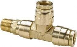 Parker - 1/4" Outside Diam, 1/8 NPTF, Brass Push-to-Connect Tube Male Swivel Run Tee - 250 Max psi, Tube to Male NPT Connection, Buna-N O-Ring - Benchmark Tooling