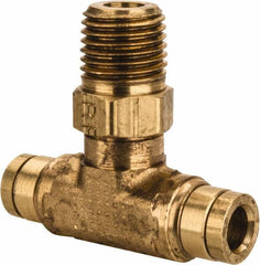 Parker - 1/4" Outside Diam, 1/4 NPT, Brass Push-to-Connect Tube Male Swivel Branch Tee - 250 Max psi, Tube to Male NPT Connection, Buna-N O-Ring - Benchmark Tooling