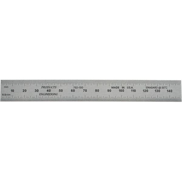 PEC Tools - 150mm Long, 0.5, 1mm Graduation, Rigid Steel Rule - Metric Graduation Style, 3/4" Wide, Silver, Satin Chrome Finish - Benchmark Tooling