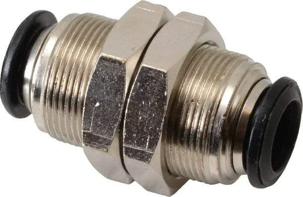 Alpha Technologies - 10mm Outside Diam, Nickel Plated Brass Push-to-Connect Tube Bulkhead Union - 250 Max psi, Tube to Tube Connection, Buna O-Ring - Benchmark Tooling