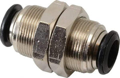 Alpha Technologies - 10mm Outside Diam, Nickel Plated Brass Push-to-Connect Tube Bulkhead Union - 250 Max psi, Tube to Tube Connection, Buna O-Ring - Benchmark Tooling