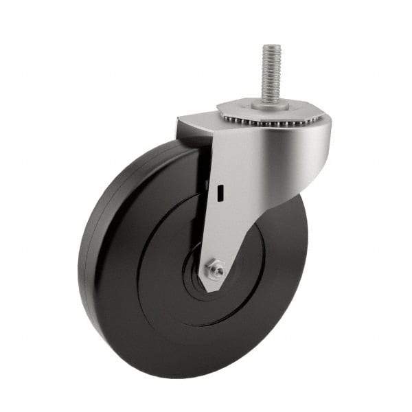 E.R. Wagner - 5" Diam x 1-1/4" Wide x 5-1/2" OAH Stem Mount Swivel Caster - Soft Rubber, 190 Lb Capacity, Delrin Bearing, 3/8-16 x 1" Threaded Stem - Benchmark Tooling