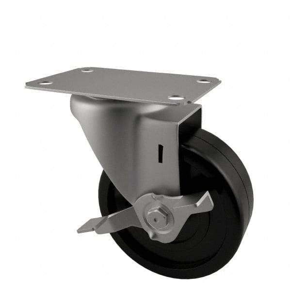 E.R. Wagner - 3" Diam x 1-1/4" Wide x 3-3/4" OAH Top Plate Mount Swivel Caster with Brake - Soft Rubber, 125 Lb Capacity, Delrin Bearing, 2-3/4 x 3-3/4" Plate - Benchmark Tooling