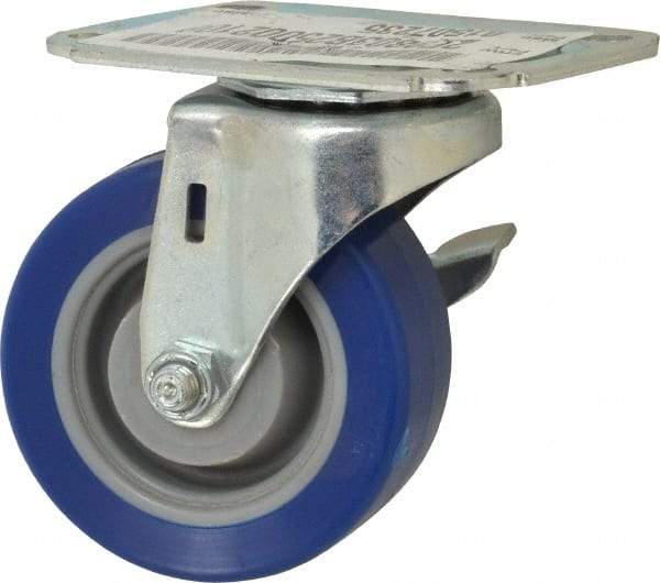 E.R. Wagner - 3" Diam x 1-1/4" Wide x 3-3/4" OAH Top Plate Mount Swivel Caster with Brake - Polyurethane, 210 Lb Capacity, Delrin Bearing, 2-3/4 x 3-3/4" Plate - Benchmark Tooling