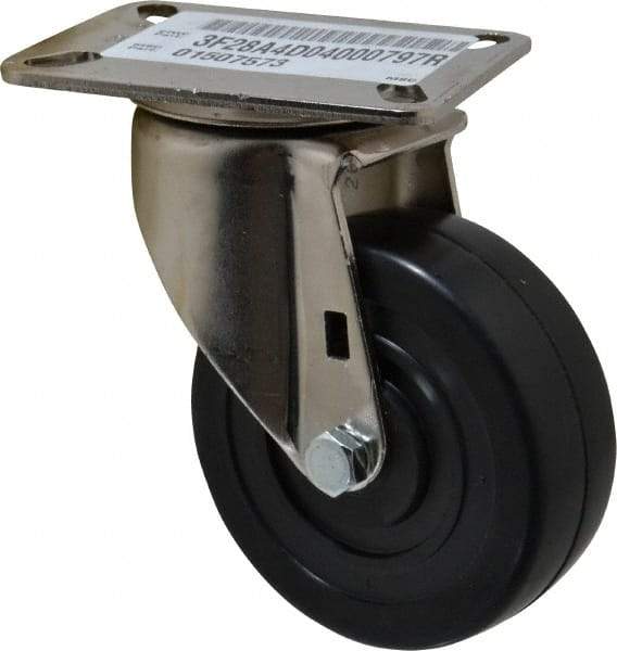 E.R. Wagner - 4" Diam x 1-3/8" Wide x 5-3/8" OAH Top Plate Mount Swivel Caster - Soft Rubber, 200 Lb Capacity, Delrin Bearing, 3-1/8 x 4-1/8" Plate - Benchmark Tooling