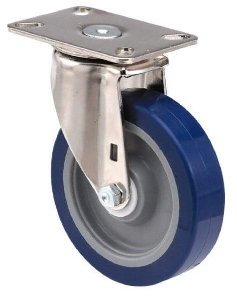 E.R. Wagner - 5" Diam x 1-3/8" Wide x 6-3/8" OAH Top Plate Mount Swivel Caster - Soft Rubber, 240 Lb Capacity, Delrin Bearing, 3-1/8 x 4-1/8" Plate - Benchmark Tooling