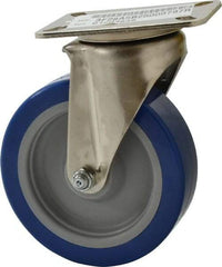 E.R. Wagner - 5" Diam x 1-1/2" Wide x 6-3/8" OAH Top Plate Mount Swivel Caster - Polyurethane, 450 Lb Capacity, Delrin Bearing, 3-1/8 x 4-1/8" Plate - Benchmark Tooling