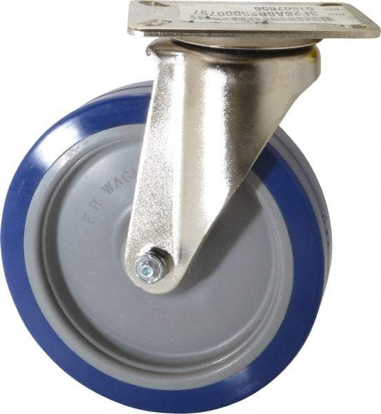 E.R. Wagner - 6" Diam x 1-1/2" Wide x 7-3/8" OAH Top Plate Mount Swivel Caster - Polyurethane, 450 Lb Capacity, Delrin Bearing, 3-1/8 x 4-1/8" Plate - Benchmark Tooling