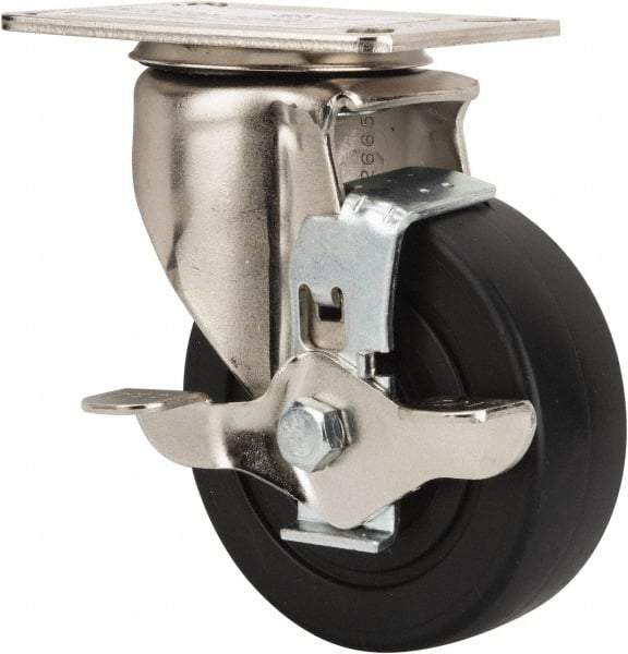 E.R. Wagner - 4" Diam x 1-1/2" Wide x 5-3/8" OAH Top Plate Mount Swivel Caster with Brake - Polyolefin, 375 Lb Capacity, Delrin Bearing, 3-1/8 x 4-1/8" Plate - Benchmark Tooling