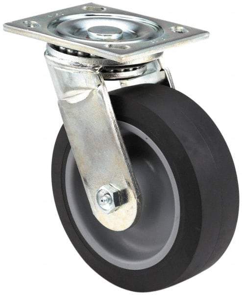 E.R. Wagner - 6" Diam x 2" Wide x 7-1/2" OAH Top Plate Mount Swivel Caster - Polyolefin, 640 Lb Capacity, Roller Bearing, 5 x 5-1/2" Plate - Benchmark Tooling