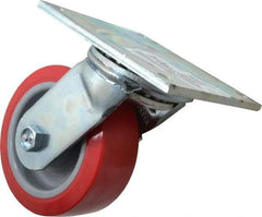 E.R. Wagner - 5" Diam x 2" Wide x 6-1/2" OAH Top Plate Mount Swivel Caster - Polyurethane, 750 Lb Capacity, Roller Bearing, 4 x 4-1/2" Plate - Benchmark Tooling