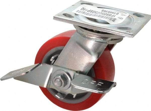 E.R. Wagner - 5" Diam x 2" Wide x 6-1/2" OAH Top Plate Mount Swivel Caster with Brake - Polyurethane, 750 Lb Capacity, Roller Bearing, 4 x 4-1/2" Plate - Benchmark Tooling