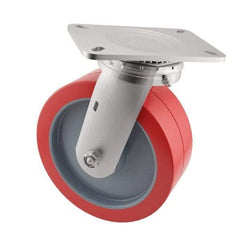 E.R. Wagner - 6" Diam x 2" Wide x 7-1/2" OAH Top Plate Mount Swivel Caster - Polyurethane, 900 Lb Capacity, Roller Bearing, 4 x 4-1/2" Plate - Benchmark Tooling