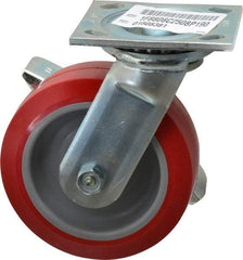 E.R. Wagner - 6" Diam x 2" Wide x 7-1/2" OAH Top Plate Mount Swivel Caster with Brake - Polyurethane, 900 Lb Capacity, Roller Bearing, 4 x 4-1/2" Plate - Benchmark Tooling