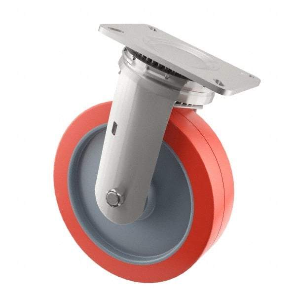 E.R. Wagner - 8" Diam x 2" Wide x 9-1/2" OAH Top Plate Mount Swivel Caster - Polyurethane, 900 Lb Capacity, Roller Bearing, 4 x 4-1/2" Plate - Benchmark Tooling