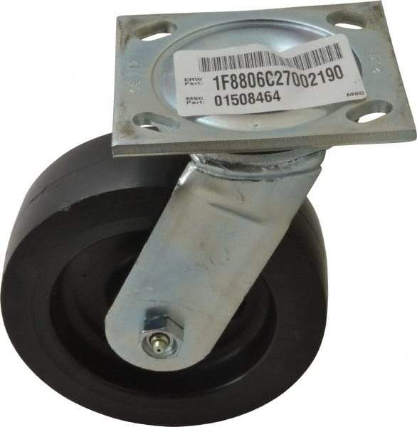 E.R. Wagner - 6" Diam x 2" Wide x 7-1/2" OAH Top Plate Mount Swivel Caster with Brake - Polyolefin, 640 Lb Capacity, Roller Bearing, 4 x 4-1/2" Plate - Benchmark Tooling