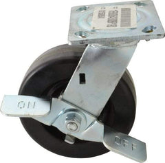 E.R. Wagner - 6" Diam x 2" Wide x 7-1/2" OAH Top Plate Mount Swivel Caster with Brake - Phenolic, 1,200 Lb Capacity, Roller Bearing, 4 x 4-1/2" Plate - Benchmark Tooling