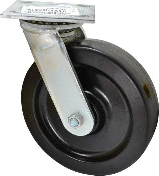 E.R. Wagner - 8" Diam x 2" Wide x 9-1/2" OAH Top Plate Mount Swivel Caster - Phenolic, 1,200 Lb Capacity, Roller Bearing, 4 x 4-1/2" Plate - Benchmark Tooling
