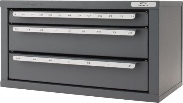 Huot - 3 Drawer, 1/8 to 1" End Mill Diam, Steel End Mill Storage - 14-5/8" Wide x 7-3/8" Deep x 7-3/4" High, 10-1/4 Lb. Weight, 29 Compartments - Benchmark Tooling