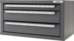 Huot - 3 Drawer, 1/8 to 1" End Mill Diam, Steel End Mill Storage - 14-5/8" Wide x 7-3/8" Deep x 7-3/4" High, 10-1/4 Lb. Weight, 29 Compartments - Benchmark Tooling