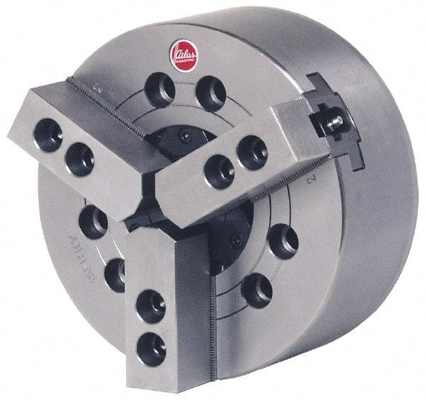 Atlas Workholding - 3 Jaws, 6" Chuck Diam, A2-5 Mount, 1.771" Through Hole, Drawbar, Hydraulic Power Lathe Chuck - 12,540 Lb Force per Jaw, 1.5mm x 60 Serrated Jaw Interface, 0.59" to 6.65" Jaw Capacity, 6,000 RPM - Benchmark Tooling