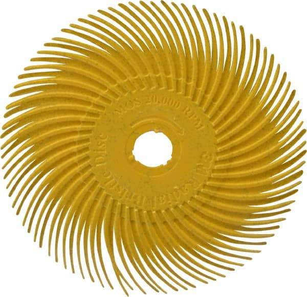 3M - 3" Diam, 3/8" Max Face Width, Plain Hole Radial Bristle Brush - 80 Grit, Medium Grade, 20,000 Max RPM, Yellow - Benchmark Tooling