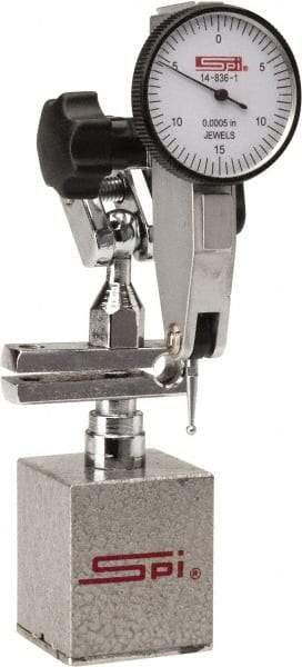 SPI - 0.0005" Graduation, 0-15-0 Dial Reading, Indicator & Base Kit - 2.36" Base Length x 1.9" Base Width x 2" Base Height, 1-1/4" Dial Diam - Benchmark Tooling