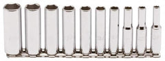 Proto - 10 Piece 1/4" Drive Chrome Finish Deep Well Socket Set - 6 Points, 3/16" to 9/16" Range, Inch Measurement Standard - Benchmark Tooling