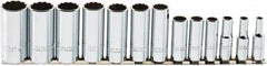 Proto - 13 Piece 3/8" Drive Chrome Finish Deep Well Socket Set - 12 Points, 1/4" to 1" Range, Inch Measurement Standard - Benchmark Tooling