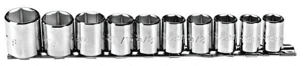 Proto - 10 Piece 3/8" Drive Chrome Finish Socket Set - 6 Points, 5/16" to 7/8" Range, Inch Measurement Standard - Benchmark Tooling