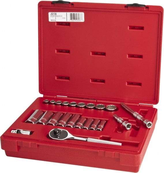 Proto - 22 Piece 3/8" Drive Chrome Finish Deep Well Socket Set - 12 Points, 3/8" to 7/8" Range, Inch Measurement Standard - Benchmark Tooling