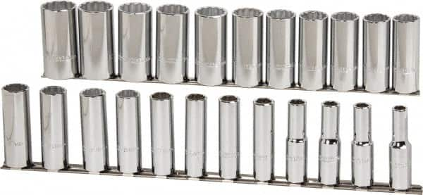 Proto - 23 Piece 1/2" Drive Chrome Finish Deep Well Socket Set - 12 Points, 10mm to 32mm Range, Metric Measurement Standard - Benchmark Tooling