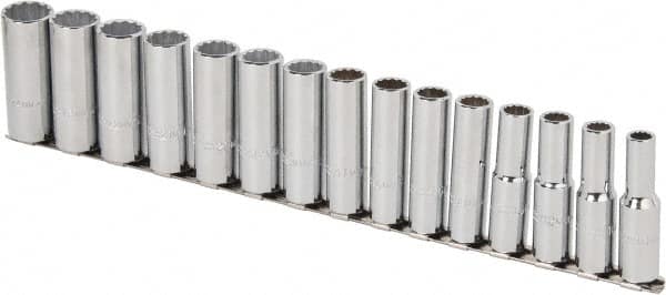 Proto - 15 Piece 1/2" Drive Chrome Finish Deep Well Socket Set - 12 Points, 10mm to 24mm Range, Metric Measurement Standard - Benchmark Tooling