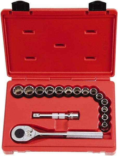 Proto - 16 Piece 1/2" Drive Chrome Finish Socket Set - 12 Points, 10mm to 23mm Range, Metric Measurement Standard - Benchmark Tooling