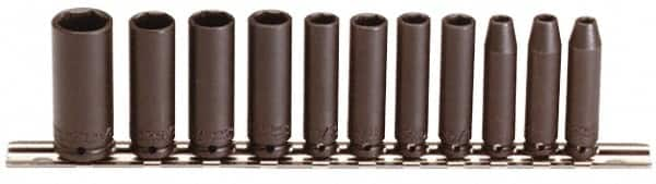 Proto - 11 Piece 1/4" Drive Black Finish Deep Well Impact Socket Set - 6 Points, 3/16" to 5/8" Range, Inch Measurement Standard - Benchmark Tooling