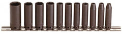 Proto - 11 Piece 1/4" Drive Black Finish Deep Well Impact Socket Set - 6 Points, 3/16" to 5/8" Range, Inch Measurement Standard - Benchmark Tooling