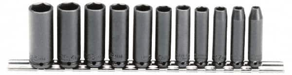 Proto - 11 Piece 1/4" Drive Black Finish Deep Well Impact Socket Set - 6 Points, 5mm to 15mm Range, Metric Measurement Standard - Benchmark Tooling