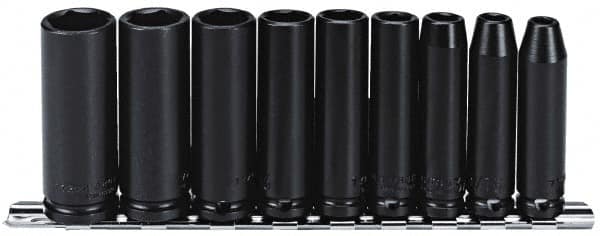 Proto - 9 Piece 3/8" Drive Black Finish Deep Well Impact Socket Set - 6 Points, 1/4" to 3/4" Range, Inch Measurement Standard - Benchmark Tooling