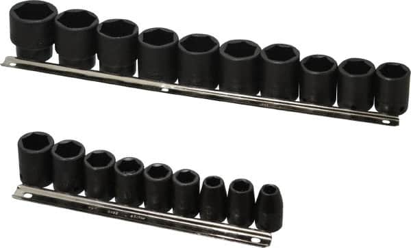 Proto - 19 Piece 1/2" Drive Black Finish Impact Socket Set - 6 Points, 3/8" to 1-1/2" Range, Inch Measurement Standard - Benchmark Tooling