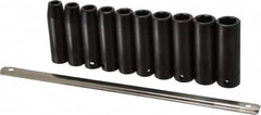 Proto - 10 Piece 1/2" Drive Black Finish Deep Well Impact Socket Set - 6 Points, 10mm to 19mm Range, Metric Measurement Standard - Benchmark Tooling